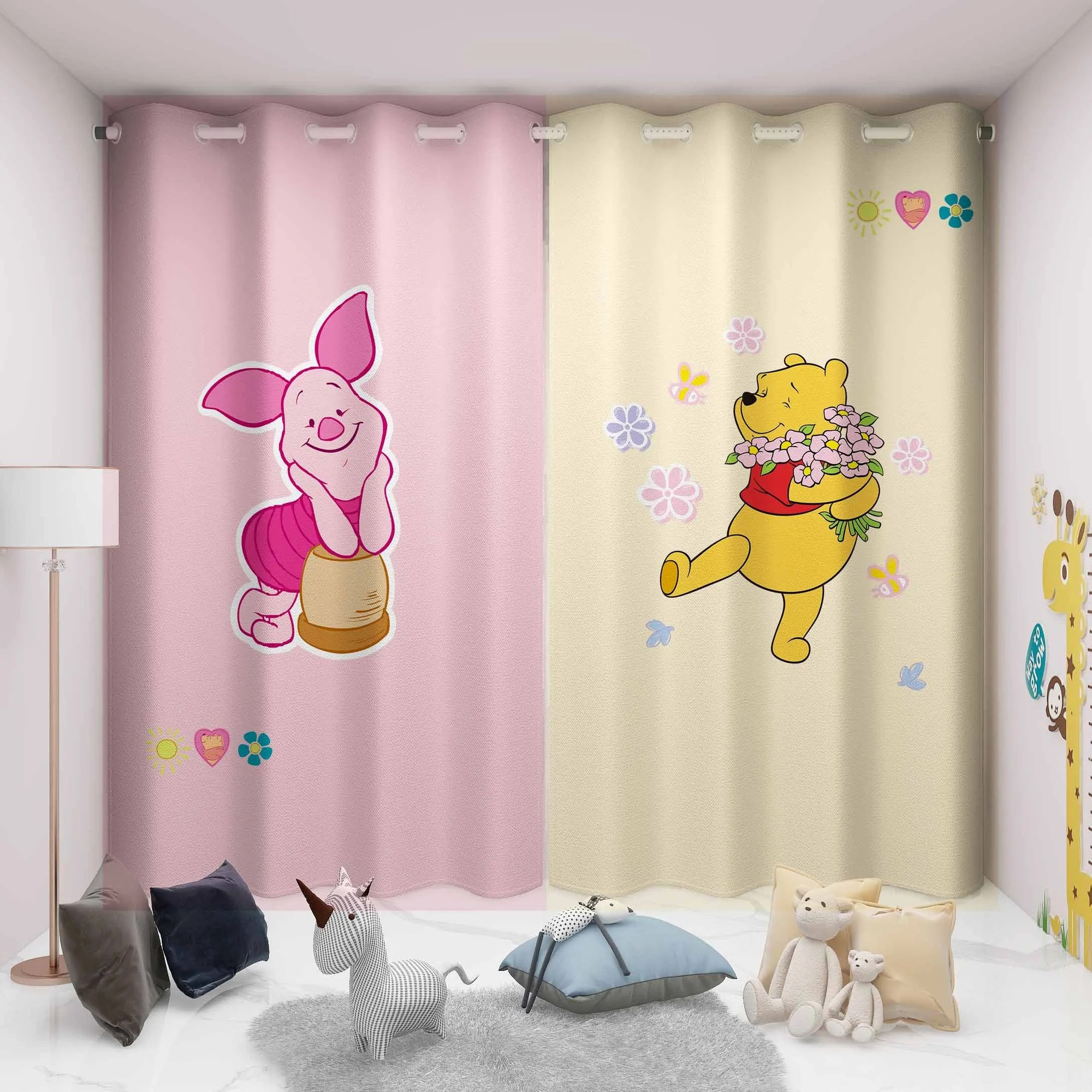 Winnie the Pooh and Piglet curtains in light pink and light yellow tones with cartoon characters in a kids room with toys and décor.