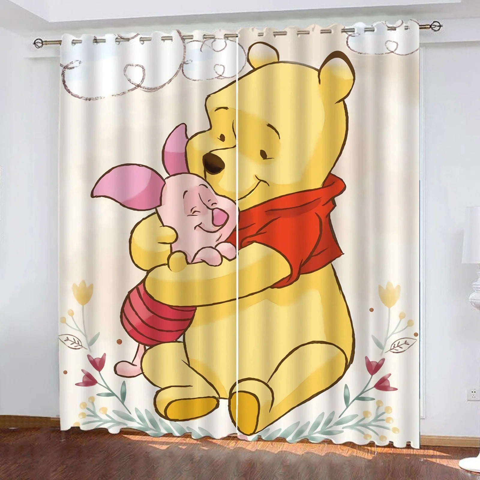 Cartoon curtain featuring Winnie the Pooh and Piglet on a white background, ideal for kids bedroom or nursery window décor.