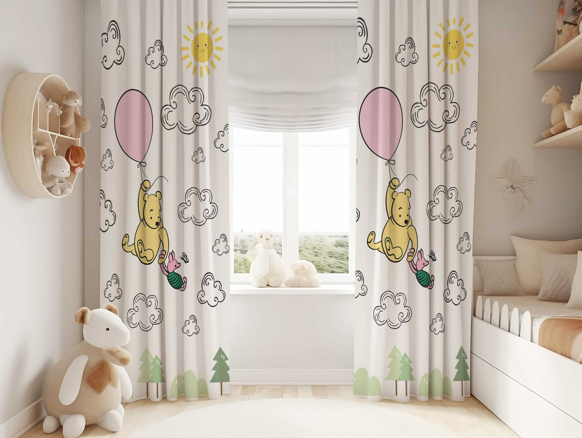 Winnie the Pooh room darkening curtains, cartoon blackout drapes for kids playroom.
