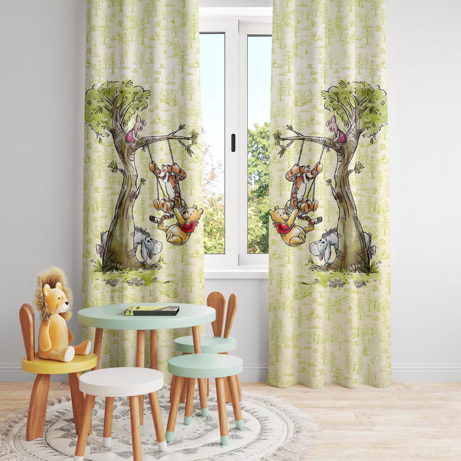 Sleep-friendly Winnie the Pooh nursery curtains, blackout window panels for baby rooms and nurseries.