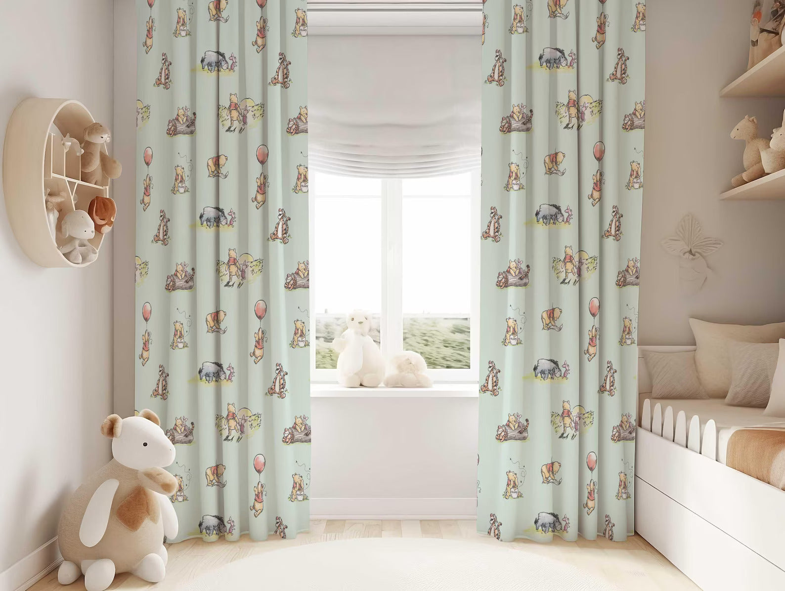Soft fabric Winnie the Pooh nursery curtains, durable blackout drapes for baby and toddler rooms.