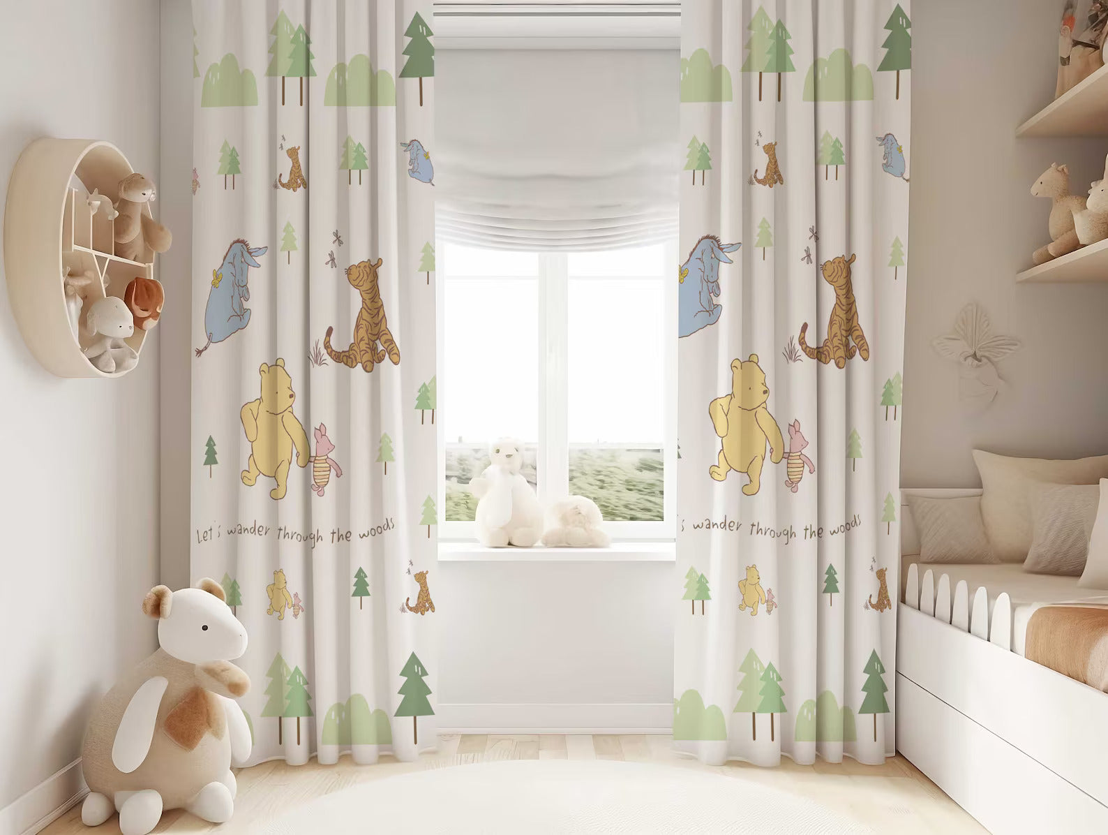 Winnie the Pooh themed nursery curtains, decorative blackout window drapes for children’s rooms.