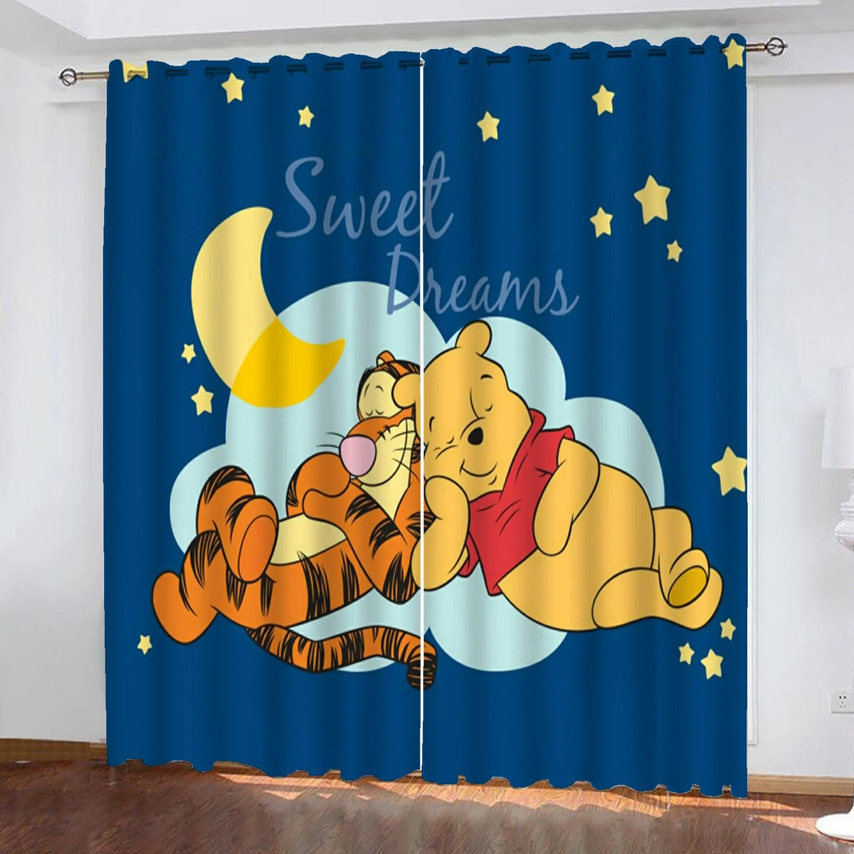 Winnie the Pooh and Tigger curtains, cartoon blackout drapes for kids room décor.