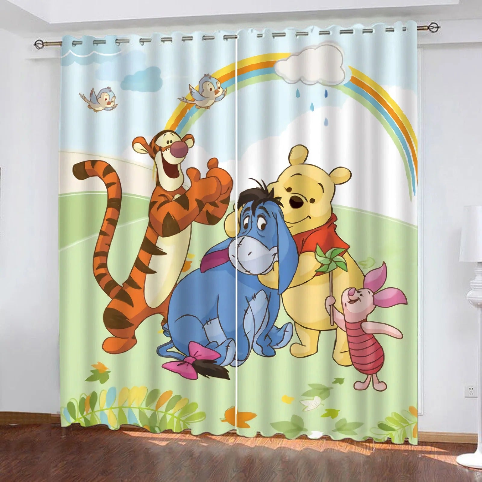 Cartoon curtains featuring Winnie the Pooh, Tigger, Eeyore, and Piglet on a colorful background for kids bedroom décor.