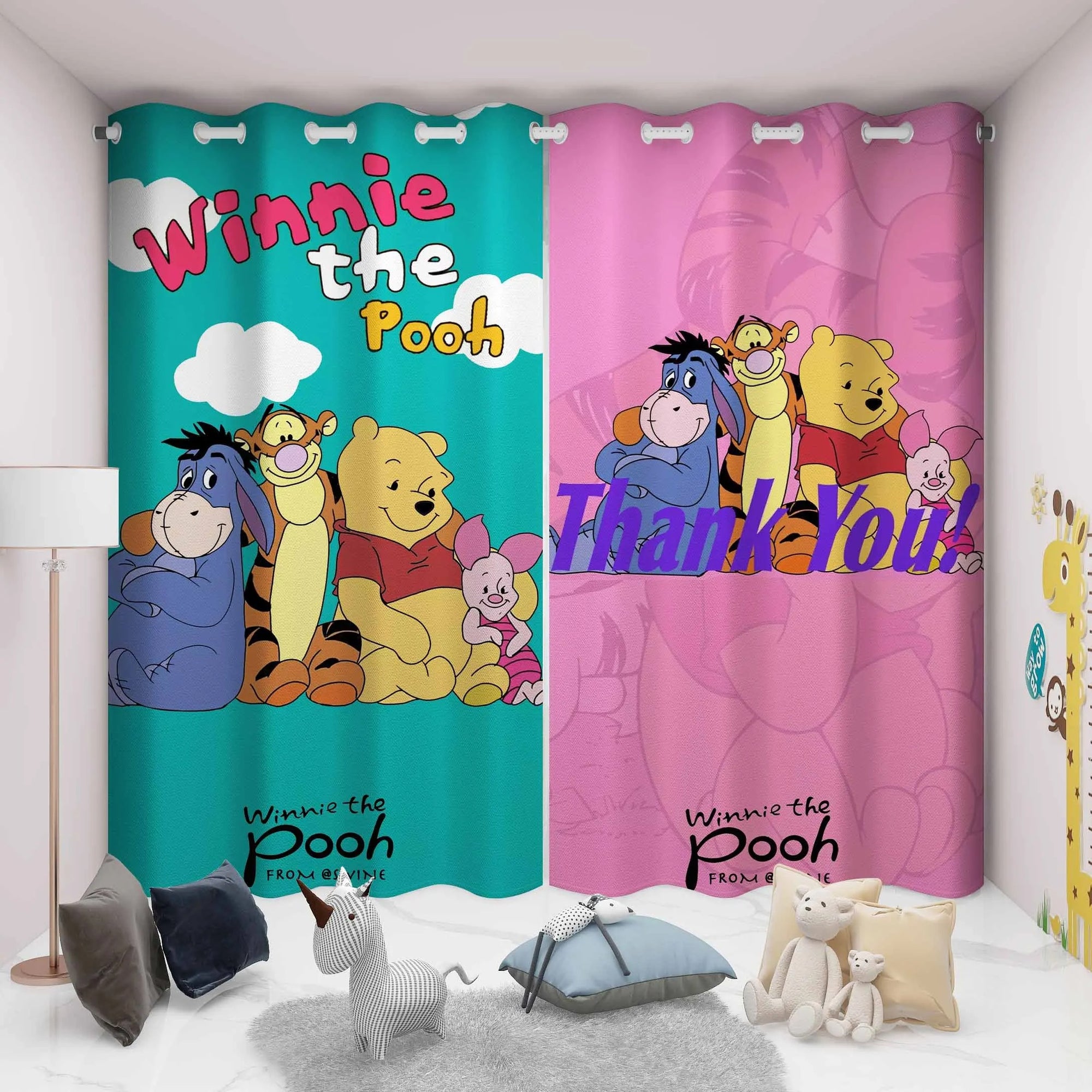 Winnie the Pooh curtains with Tigger, Eeyore, and Piglet on a teal and pink cartoon background, perfect for kids bedroom décor.